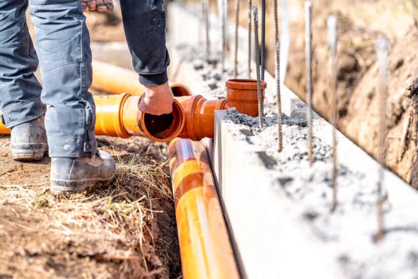 Installation of a plastic sewage pipe during the construction of a house