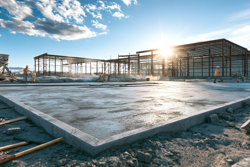 Concrete slab being poured for a 30x30 steel building foundation