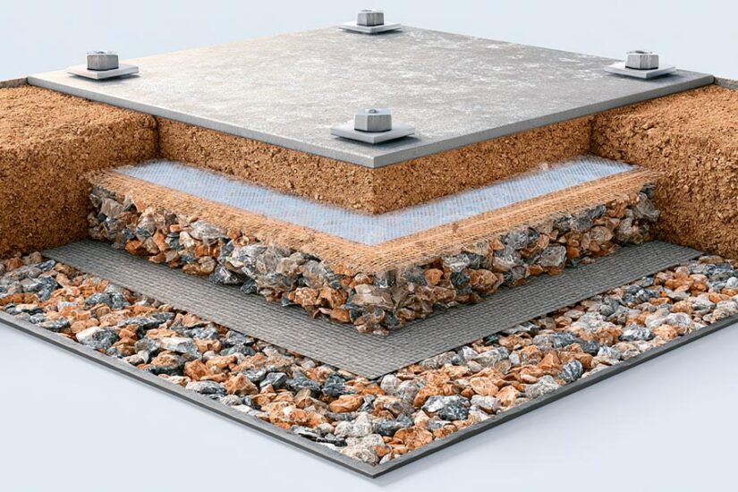 Cross-section diagram of gravel pad foundation layers for a steel building