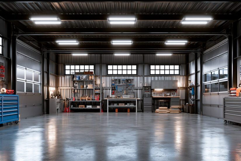 Interior of a 30x30 metal building used as a two-car garage and workshop