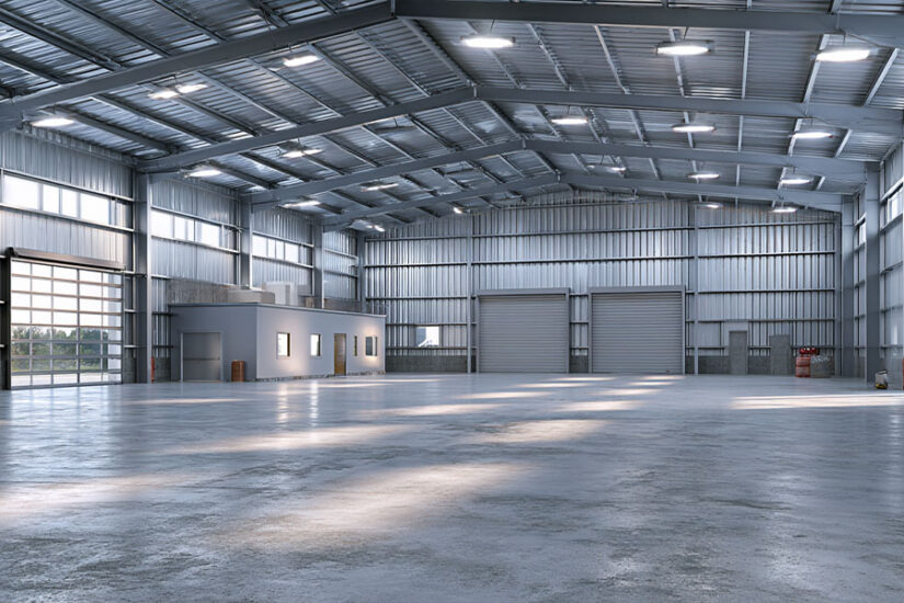 Interior of a 60x100 steel warehouse building with clear-span floor and high-bay lighting