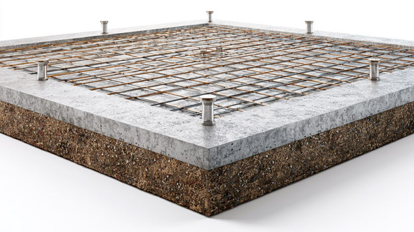 Cross-section diagram of monolithic concrete slab foundation with thickened edges and anchor bolts for metal building