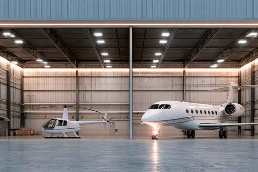 Side-by-side comparison of helicopter hangar and business jet hangar interior showing scale difference