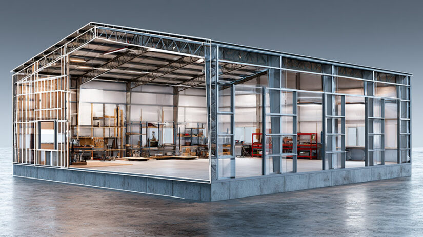 Diagram comparing steel building kit components to finished turnkey 40x60 building interior