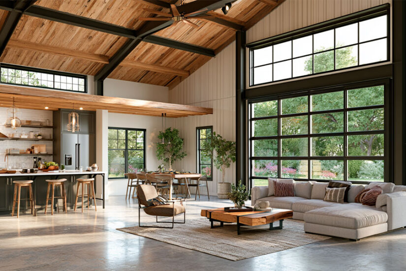 40x60 barndominium interior with open plan living area and polished concrete floors