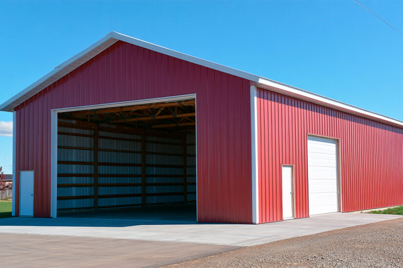 50x50 steel building with rollup door and standing seam metal roof on commercial property