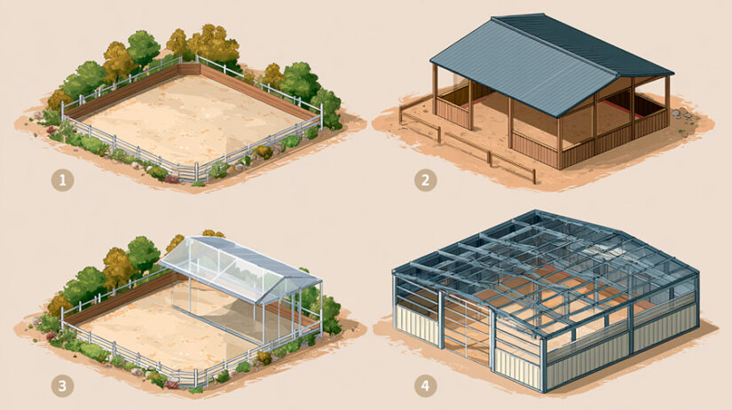 Side-by-side comparison of outdoor, covered, and indoor horse arenas