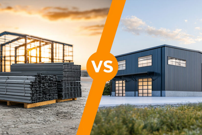 Comparison diagram of 60x100 steel building kit components versus completed turnkey building