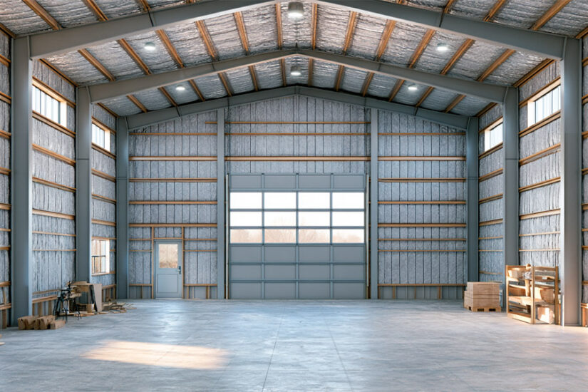 Interior of a metal building with finished wall insulation