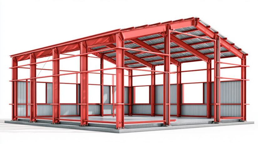 Cross-section diagram of 50x50 steel building components including red iron frame, slab, and roof panels