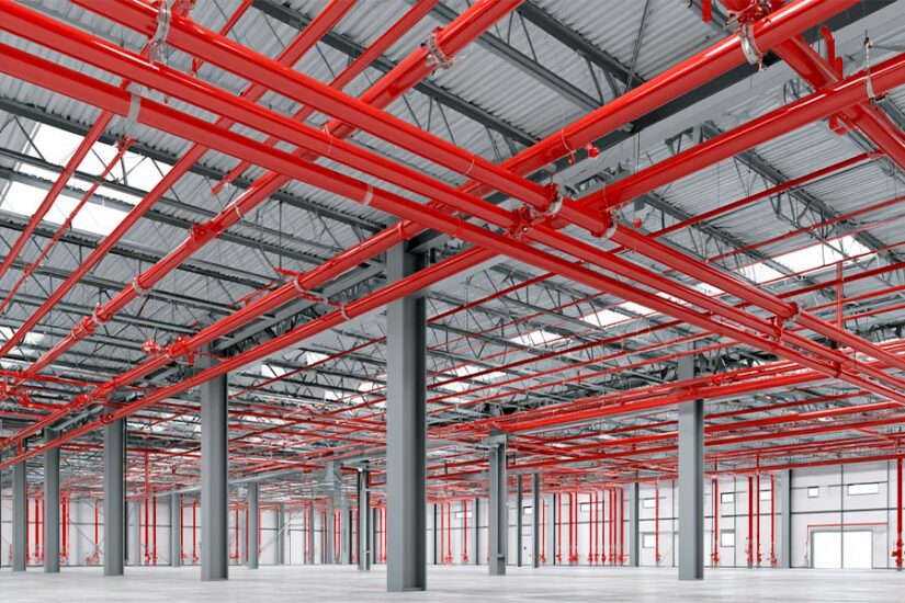 Fire sprinkler system installed in a commercial steel building interior