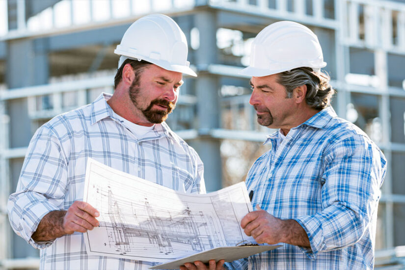 Engineer and buyer reviewing stamped building plans at a barndominium job site