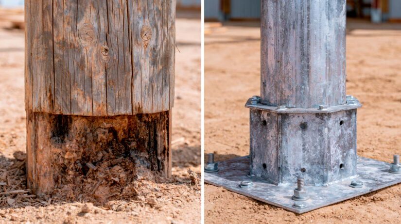 side by side comparison photo, weathered wood pole barn post showing rot at ground level next to clean galvanized steel column base, daylight, photorealistic, editorial style --ar 16:9