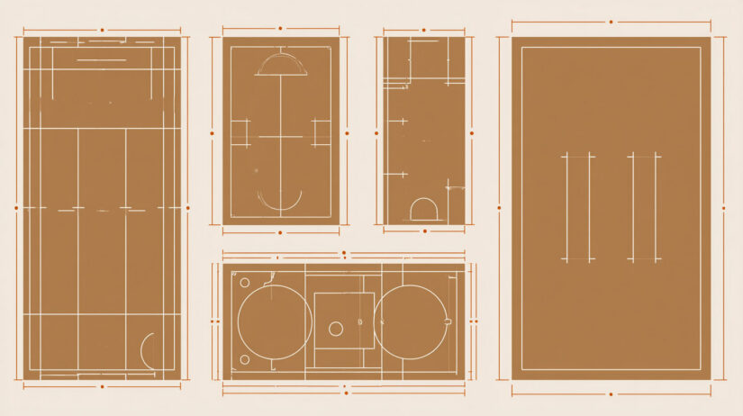 Schematic comparison of horse arena sizes by discipline: dressage, barrel racing, cutting, and general use