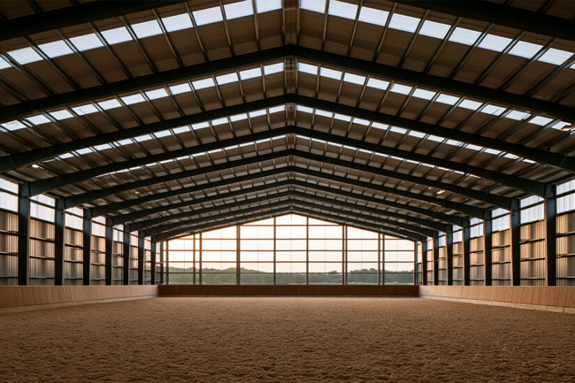 Interior view of an indoor horse riding arena showing ceiling clearance and clear-span structure