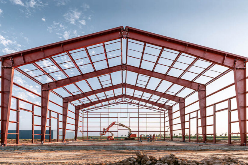 Red iron steel frame of a pre-engineered metal building being erected on site