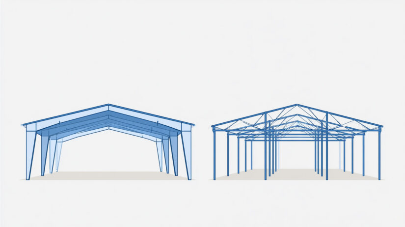 Cross-section diagram comparing a clear span rigid-frame building with a truss-frame multi-span building