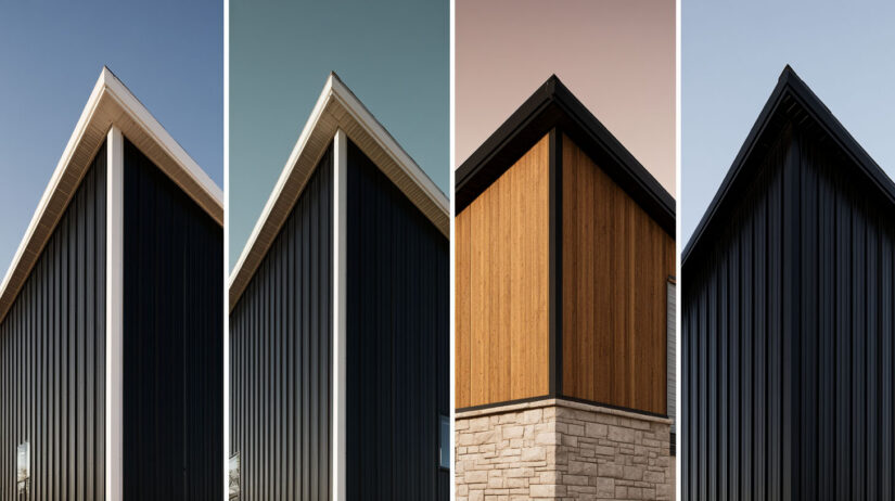 Four black barndominium exterior color pairing examples: white trim, wood accent, stone base, and monochrome black
