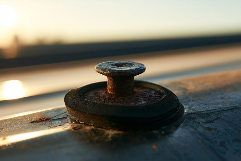 Close-up of a worn metal roof fastener washer with early rust staining