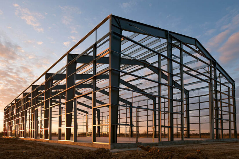 Steel frame shell of a barndominium under construction before siding is installed