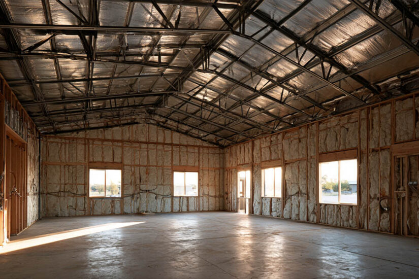 Barndominium interior mid-construction with exposed trusses, insulation, and rough wiring