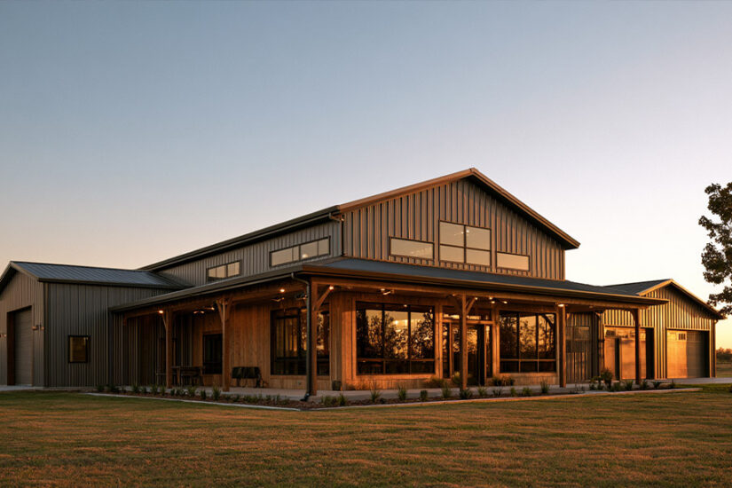 Modern barndominium combining living space and workshop under one roof