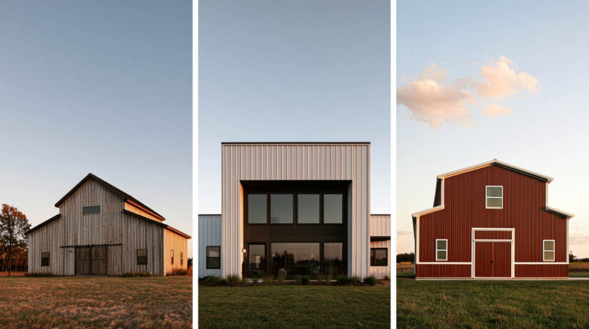 Three barndominium exterior styles: rustic farmhouse, modern minimalist, and traditional barn red