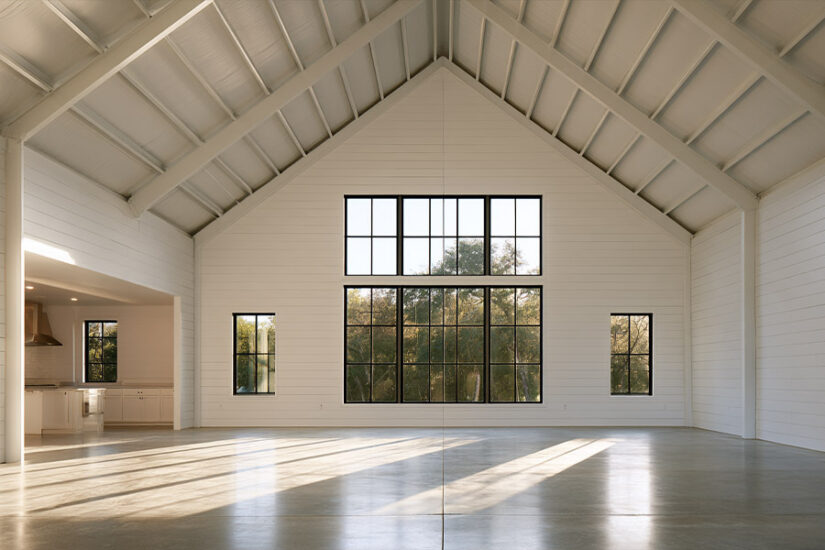 Open-plan barndominium interior with vaulted ceiling and exposed steel frame