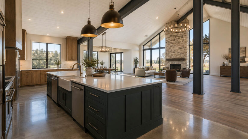 Barndominium kitchen and living room ideas in an open steel-frame layout