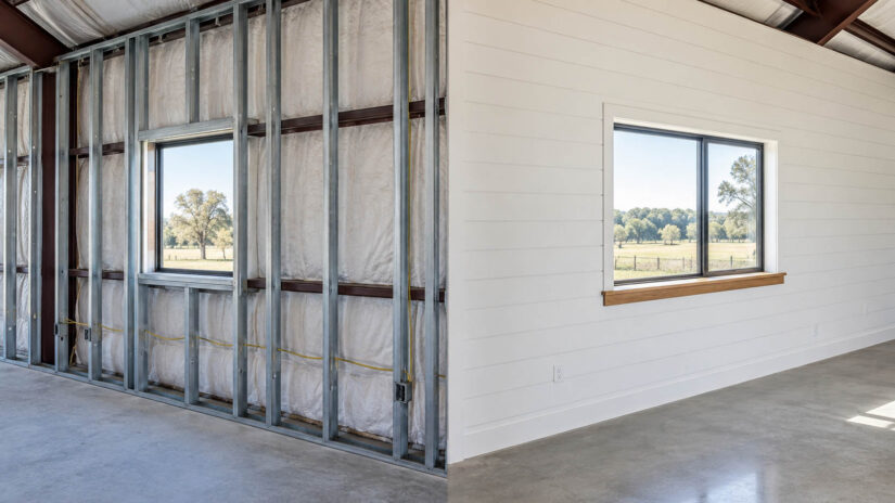 Barndominium interior walls: steel stud partitions and shiplap finish inside a metal shell