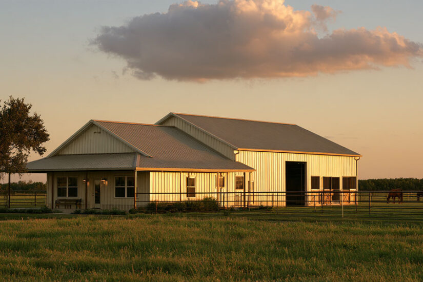 Barn with living quarters: apartment end with a porch and horse stalls at the other end