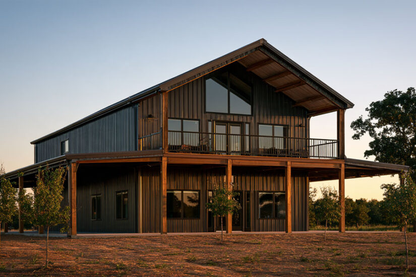 Two-story barndominium with a balcony and loft windows on the gable end