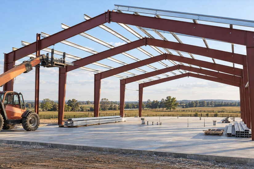 Red iron primary frame of a steel workshop during erection