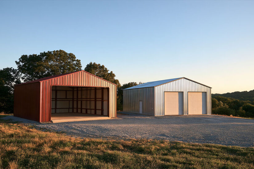 Red iron I-beam frame next to a galvanized tube frame on two steel buildings of the same size