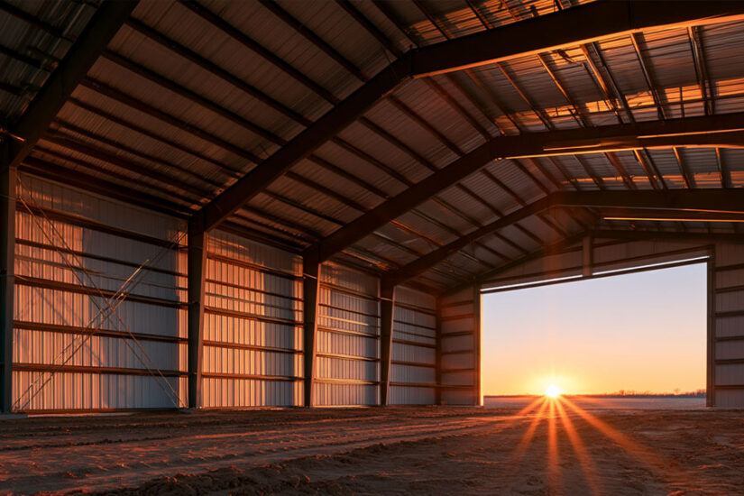 Inside an unfinished pre-engineered metal building showing rigid frames, purlins, girts, and cable bracing