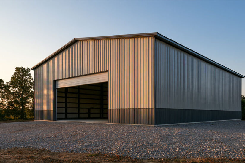 Finished pre-engineered metal building used as a commercial workshop with a roll-up door