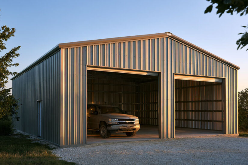 Detached two-car steel garage with one bay occupied by a pickup truck