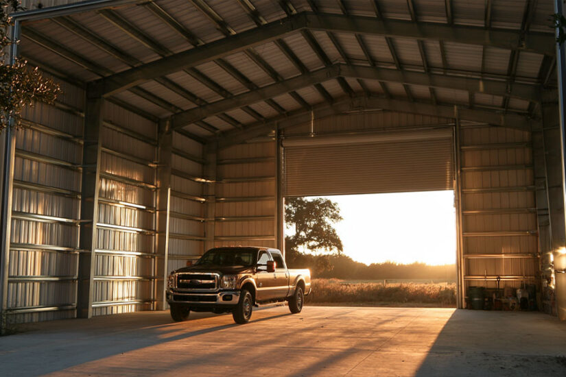 Interior of a tall steel garage showing headroom above a full-size pickup truck