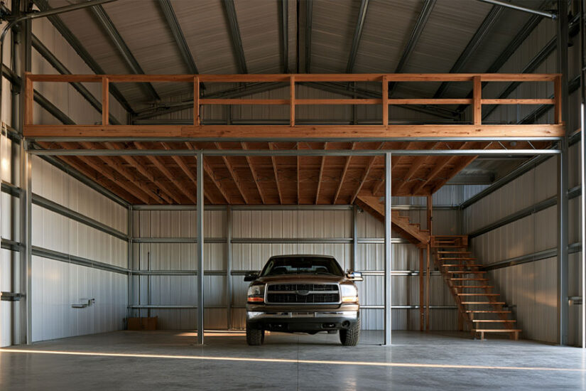 Partial loft across the back of a steel garage with a pickup parked in front