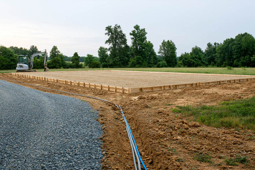 Barndominium site preparation: graded pad, utility trench and access drive