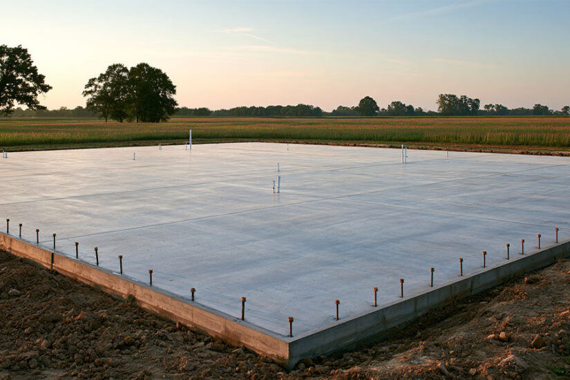 Barndominium foundation: concrete slab with anchor bolts and plumbing stubs