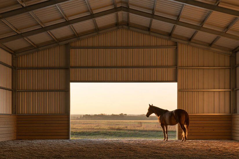 Inside a steel run-in shed with wooden kick boards lining the lower walls