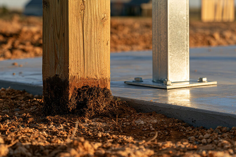 Wood post at grade level beside a steel column base plate anchored to a concrete slab