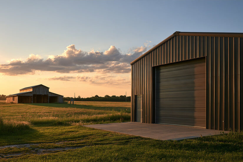 Steel workshop in the foreground and a post-frame hay barn in the background on one farm