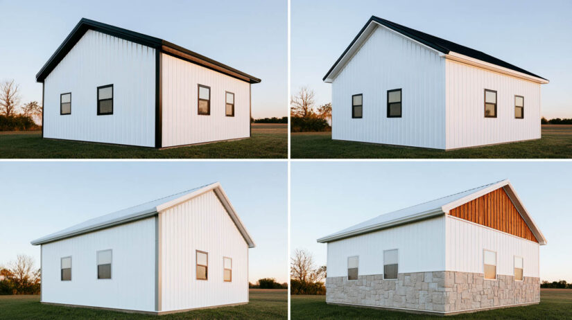 White barndominium color combinations: black trim, dark roof, all-white and stone wainscot