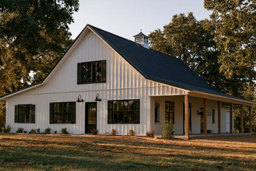 raditional white farmhouse barndominium with a steep gable, cupola and full-width porch