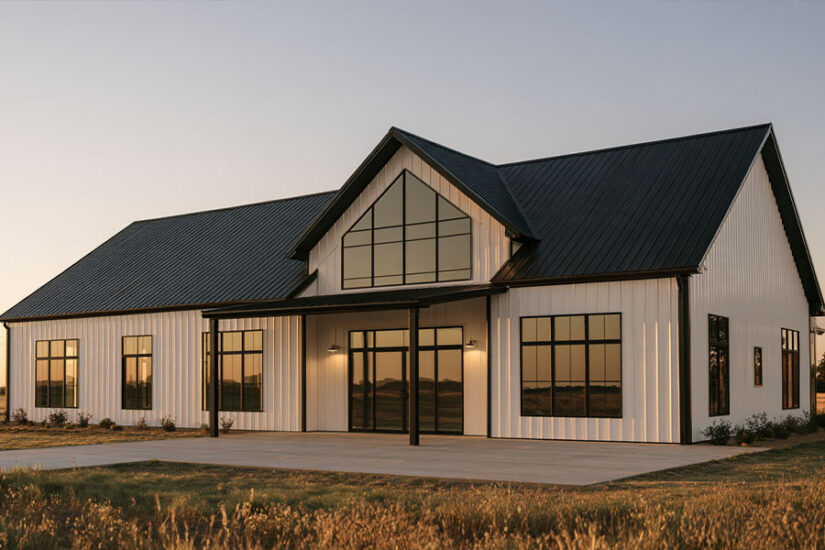 Modern farmhouse barndominium with white walls, black standing seam roof and large black windows