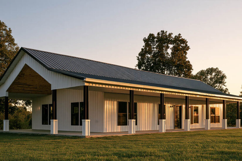 White barndominium with a wrap-around porch on two sides and a charcoal roof