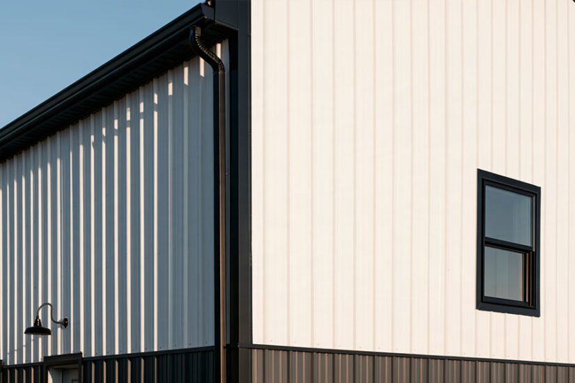 Barndominium exterior detail: white panels, black corner and window trim, dark wainscot and gutter
