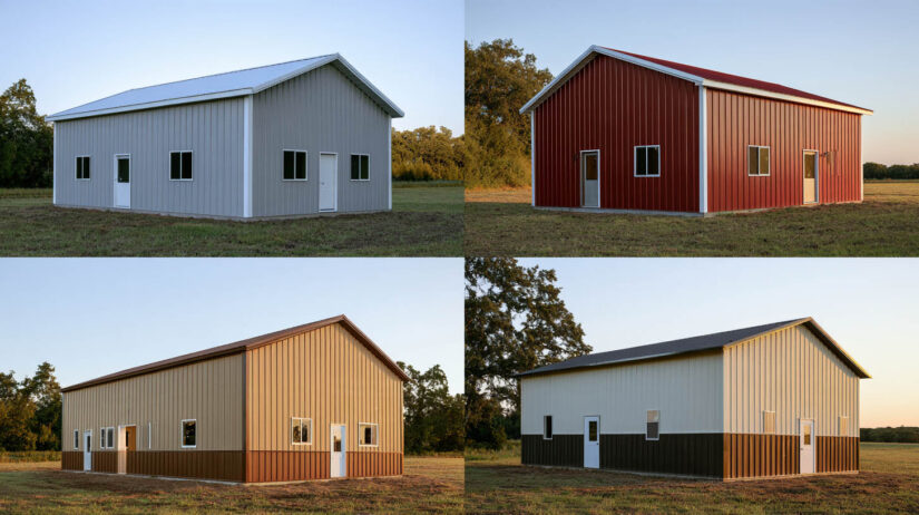 Barndominium exterior color schemes: gray and white, red and white, earth tones and two-tone wainscot